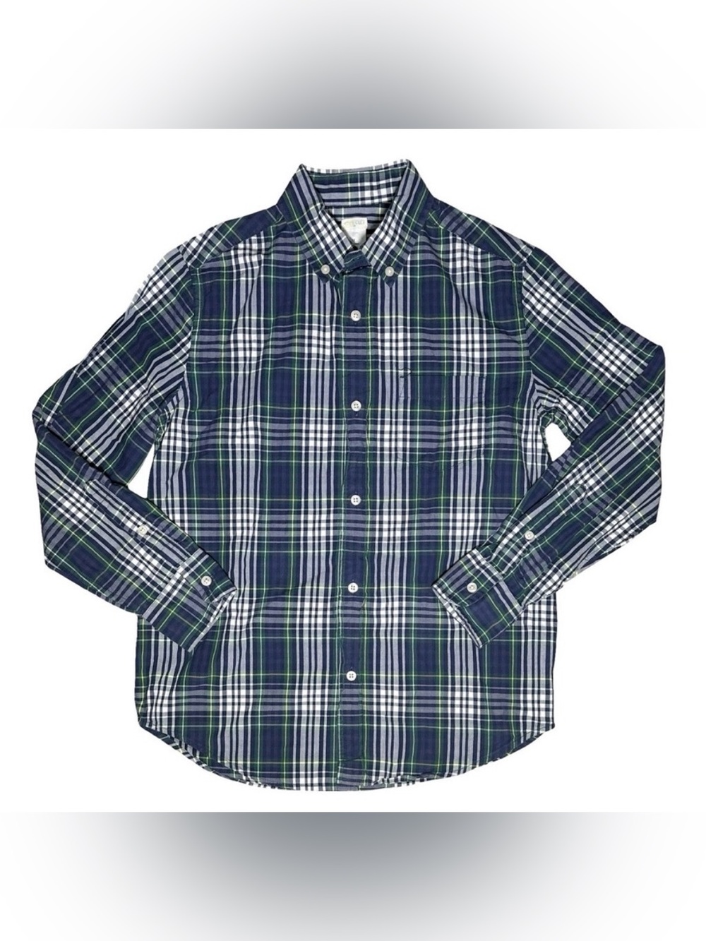 J Crew Boys size 12 blue green white plaid cotton button down shirt woven